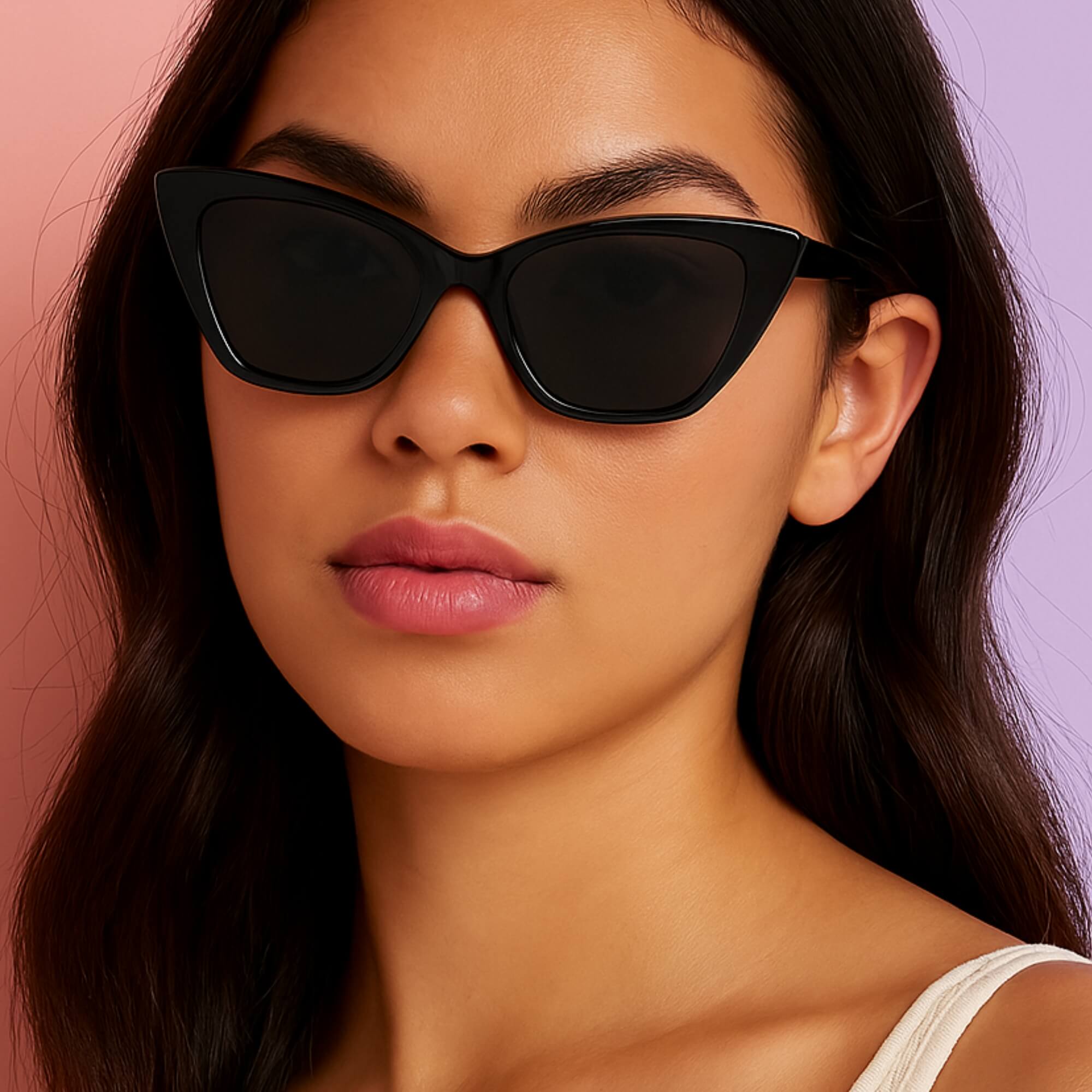 Model draagt zwarte Eye’m Yours zonnebril – cat eye zonnebril dames.