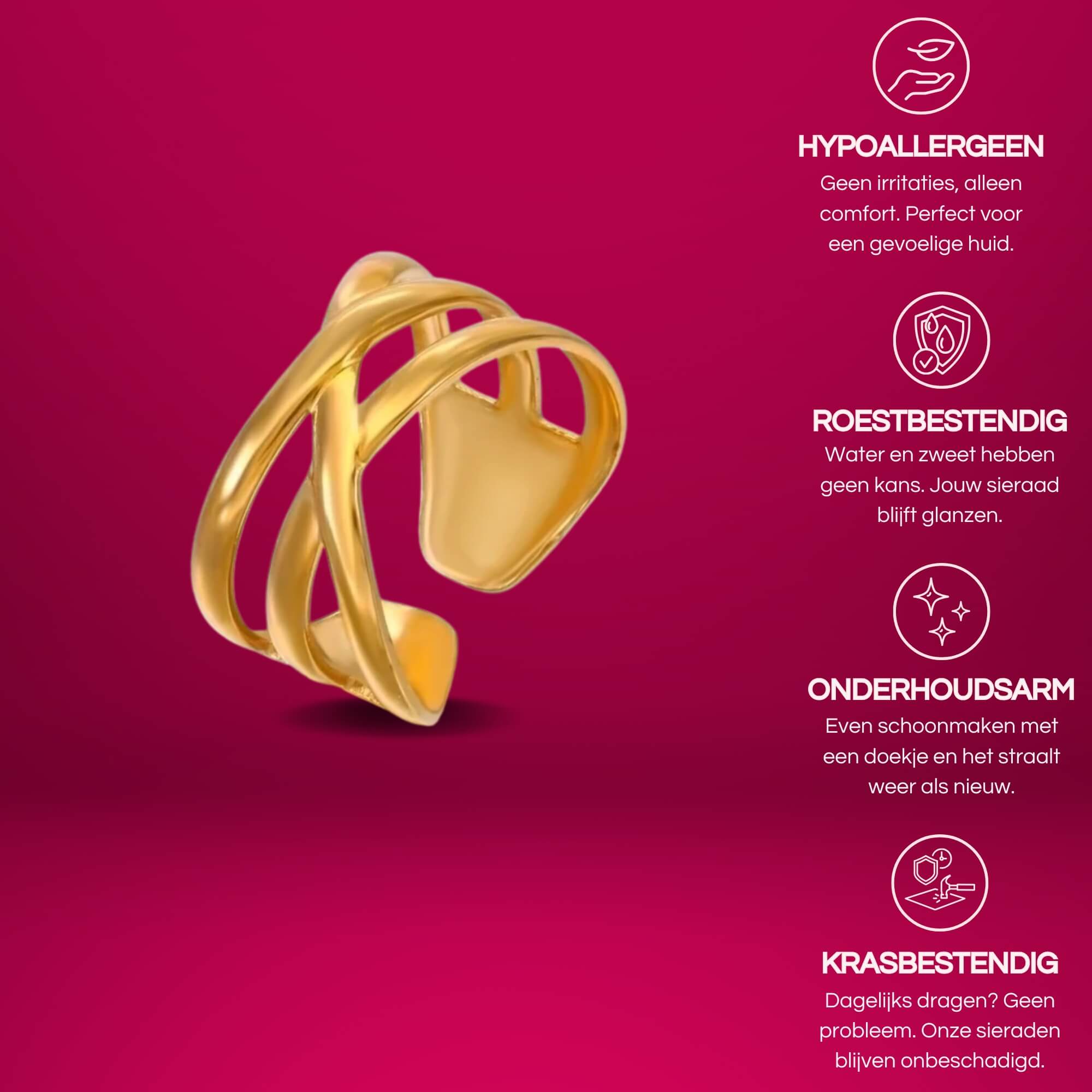 Gouden Crossed Paths een gouden statement ring voor vrouwen gemaakt van rvs.