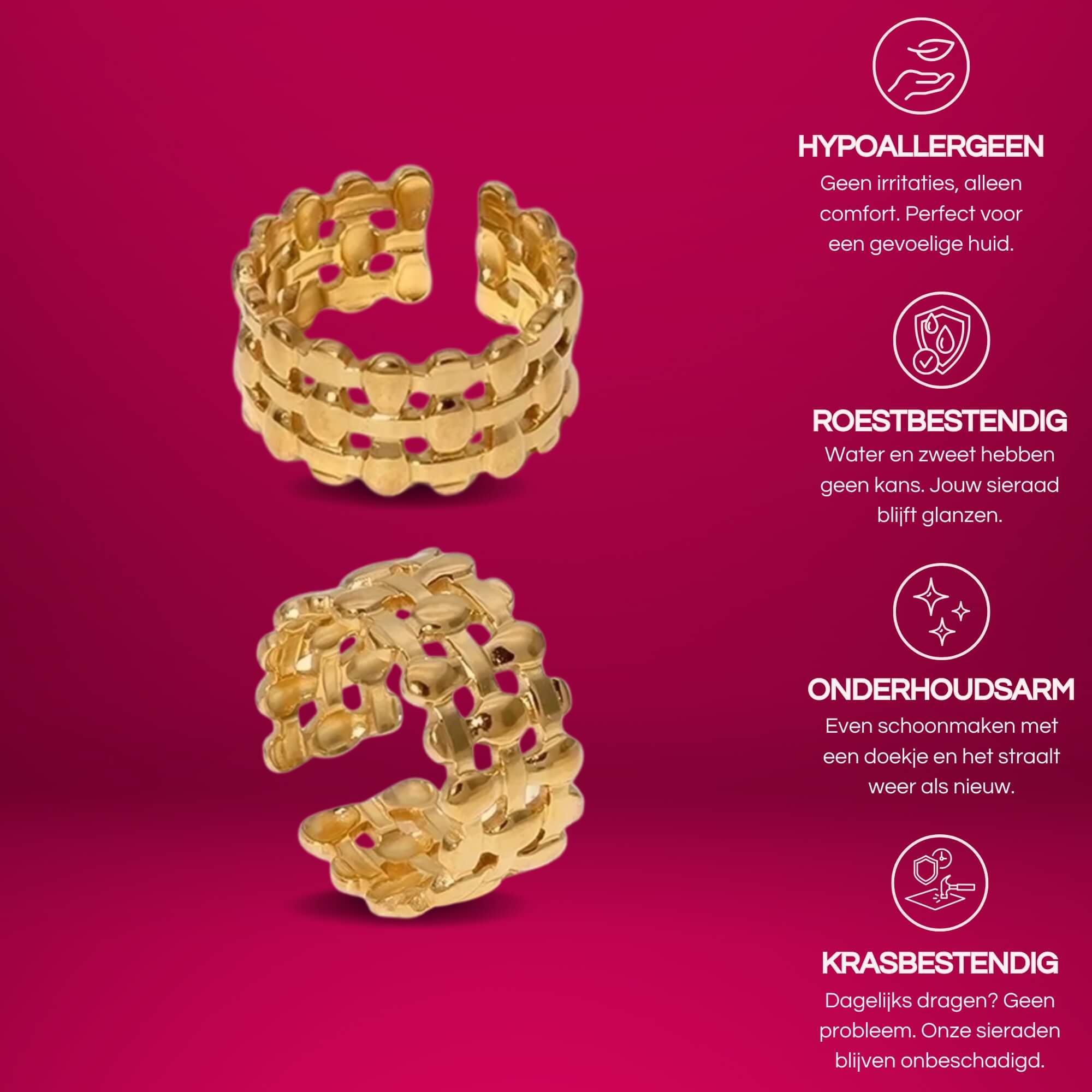 Gouden Dripping Gold Ring – Verstelbare statement ring met een uniek druppelmotief. 18K gold plated en roestvrij staal.