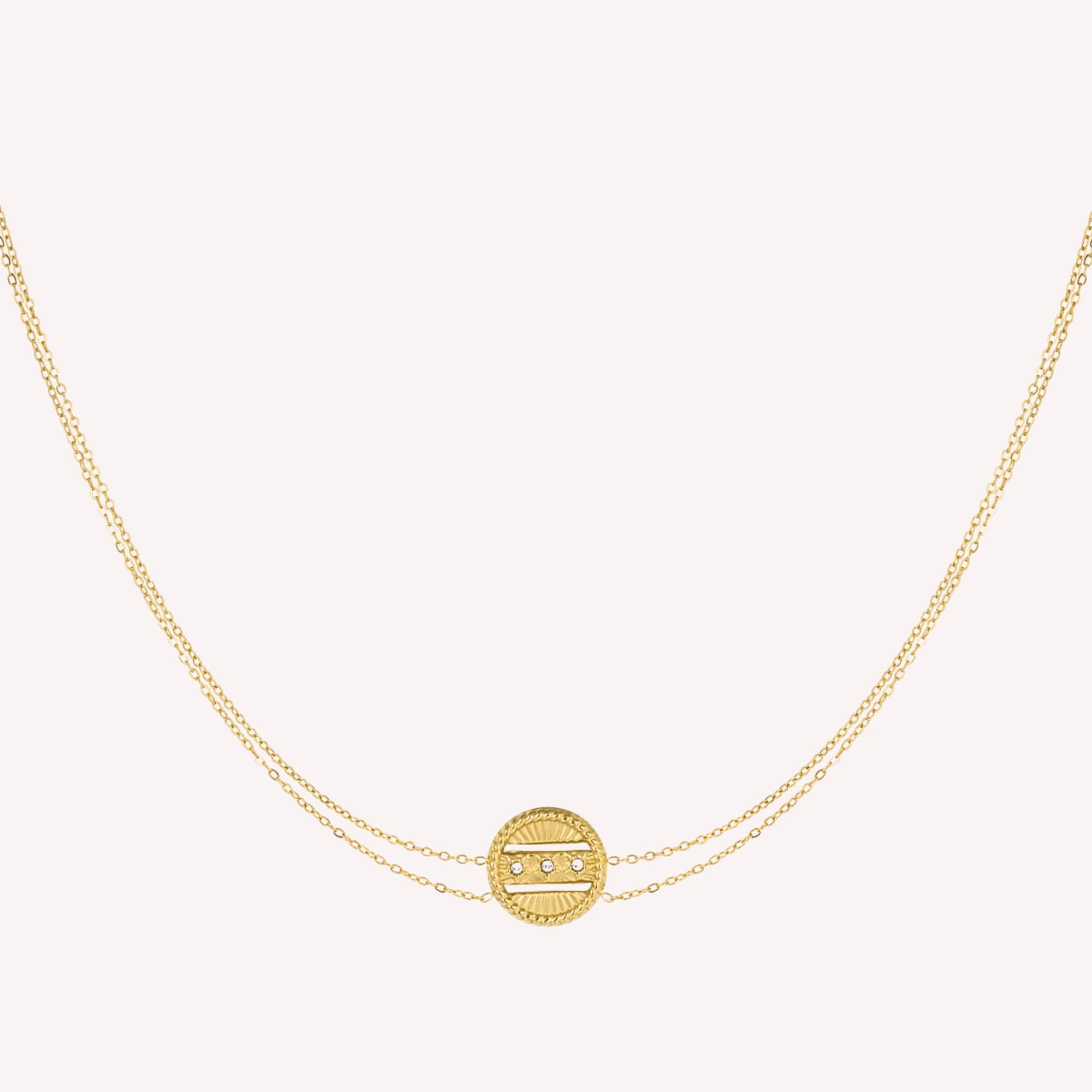 Gouden dubbele ketting met ronde coin bedel, gemaakt van roestvrij staal. Elegant en tijdloos, perfect voor elke gelegenheid.