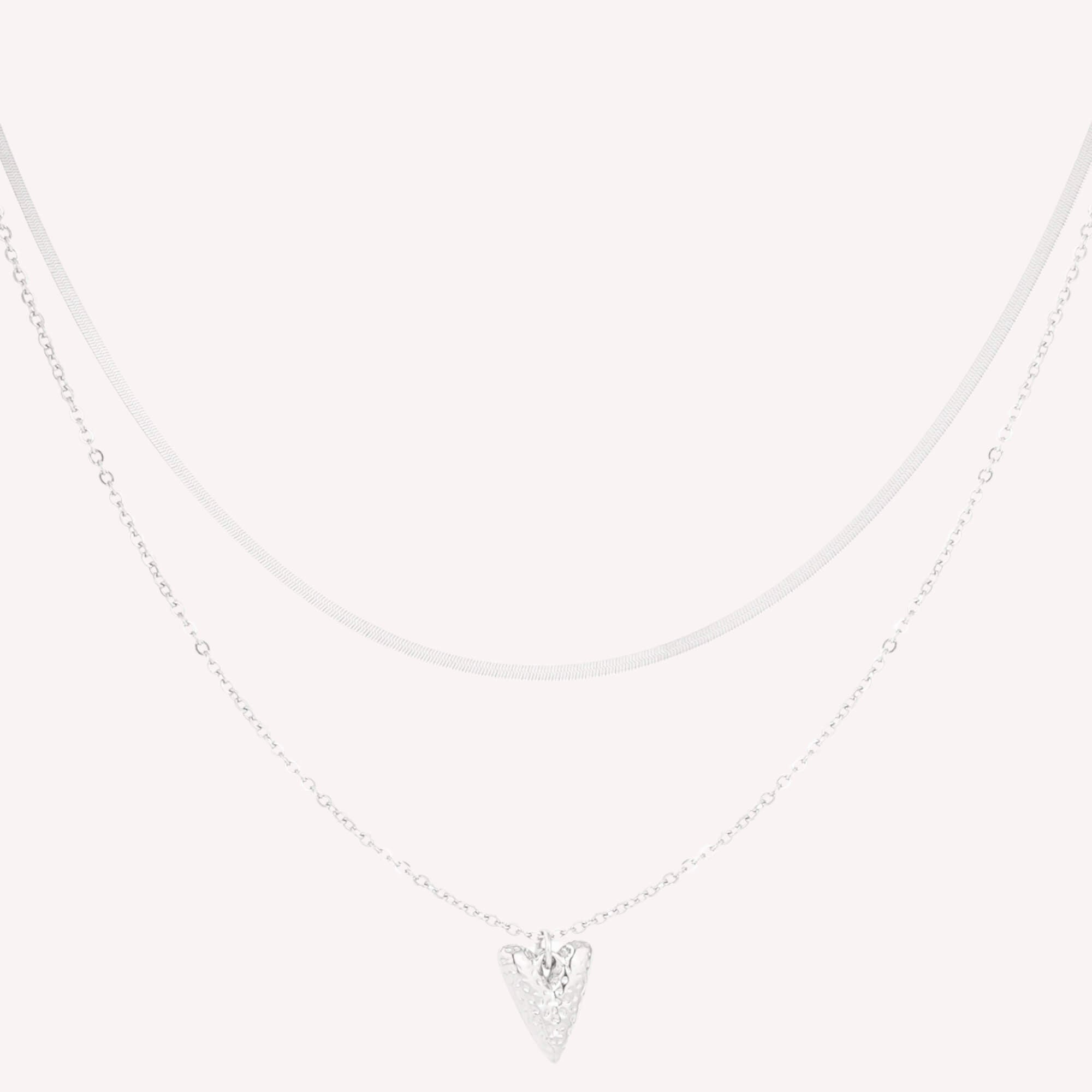 Zilveren dubbele laagjes ketting met hart bedel en snake chain – roestvrij staal