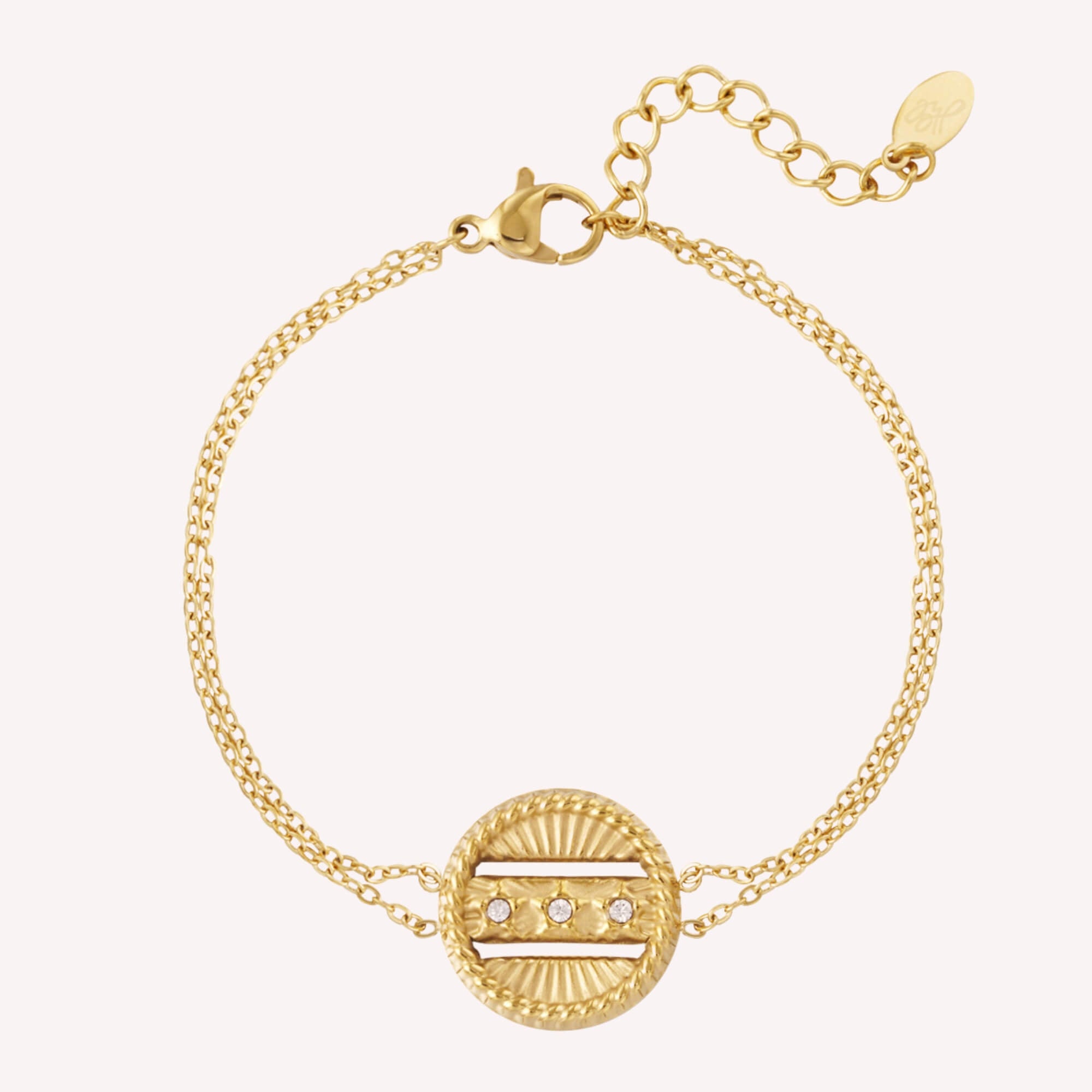 Gouden dubbele armband met coin bedel van roestvrij staal, verstelbaar en elegant, perfect voor elke vrouw die houdt van subtiele luxe.