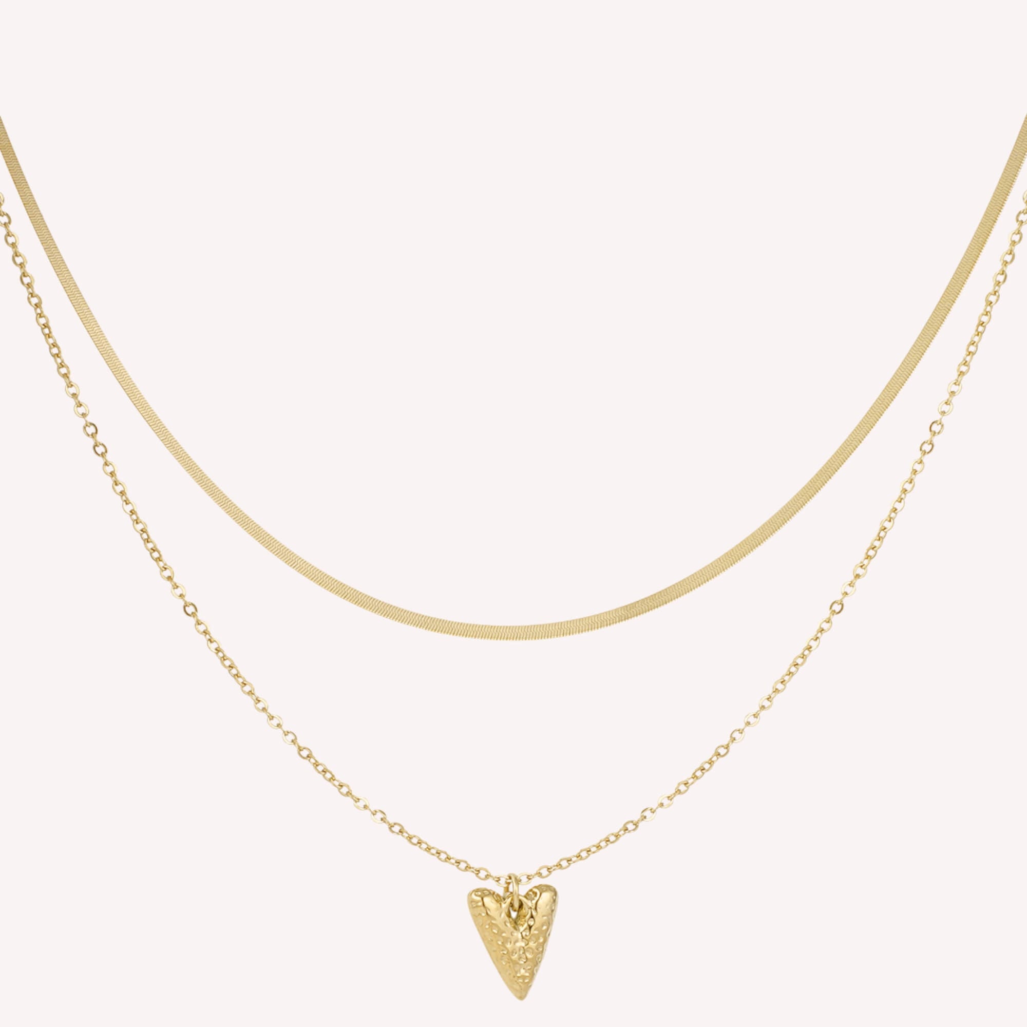 Dubbele ketting met hart bedel en subtiele snake ketting in goud – laagjes ketting van roestvrij staal