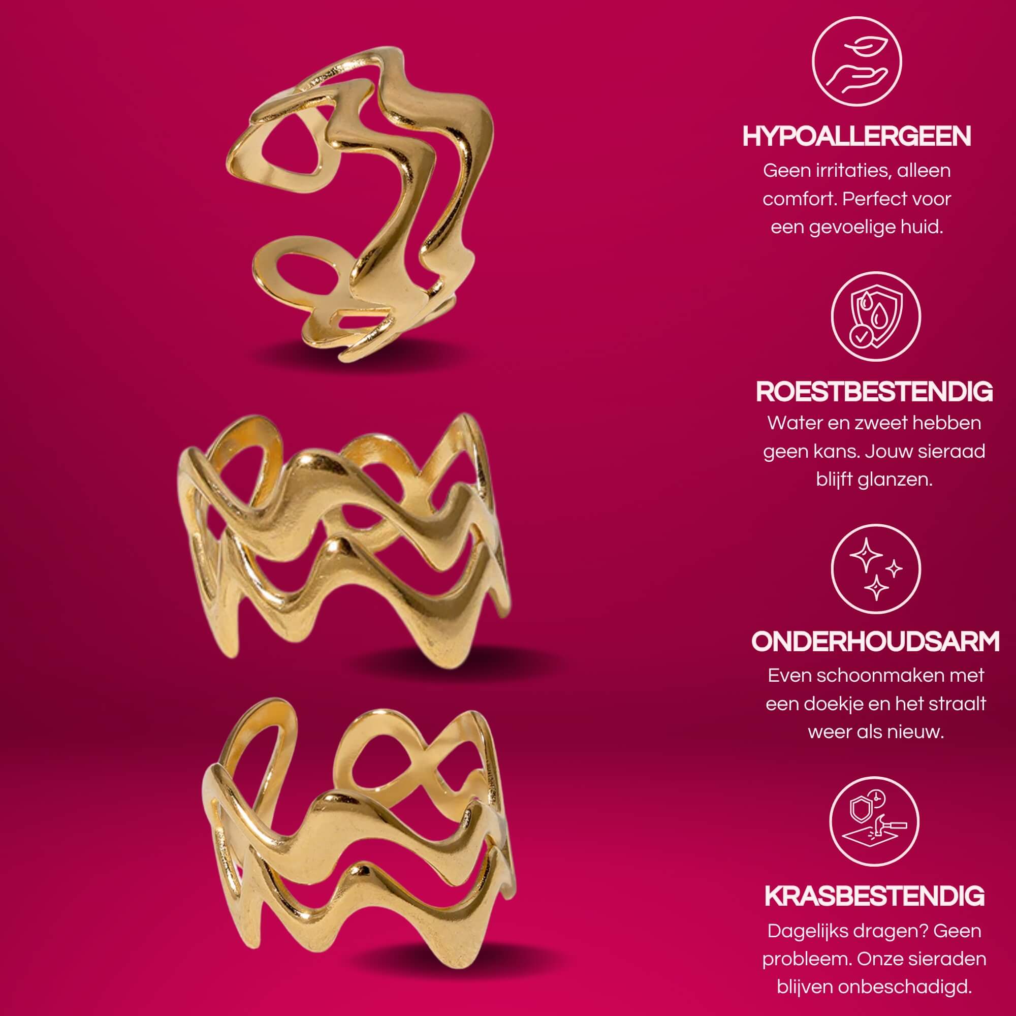 Flow With It Ring in goud, een statement ring met wavy lijnen, verstelbaar & gold plated, gemaakt van roestvrij staal.