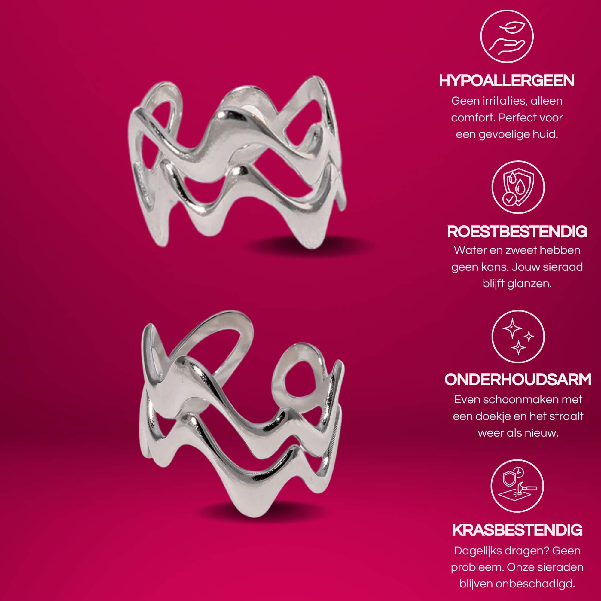 Flow With It Ring in zilver, elegant design met golvende lagen, verstelbare statement ring van roestvrij staal.