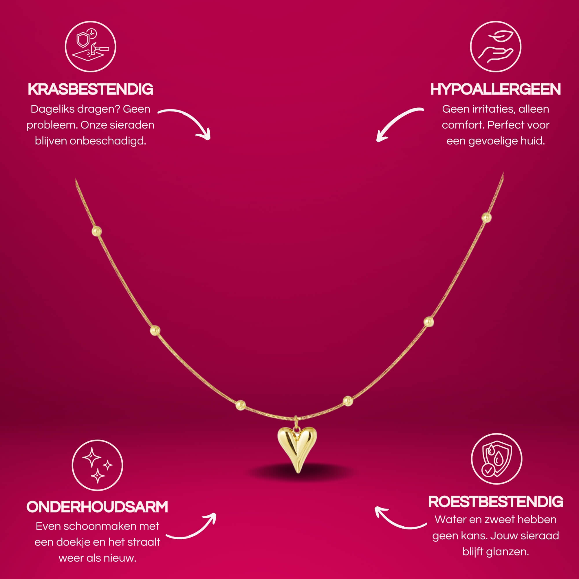 Gouden hartjes ketting met balletjes, roestvrij staal en hypoallergeen.