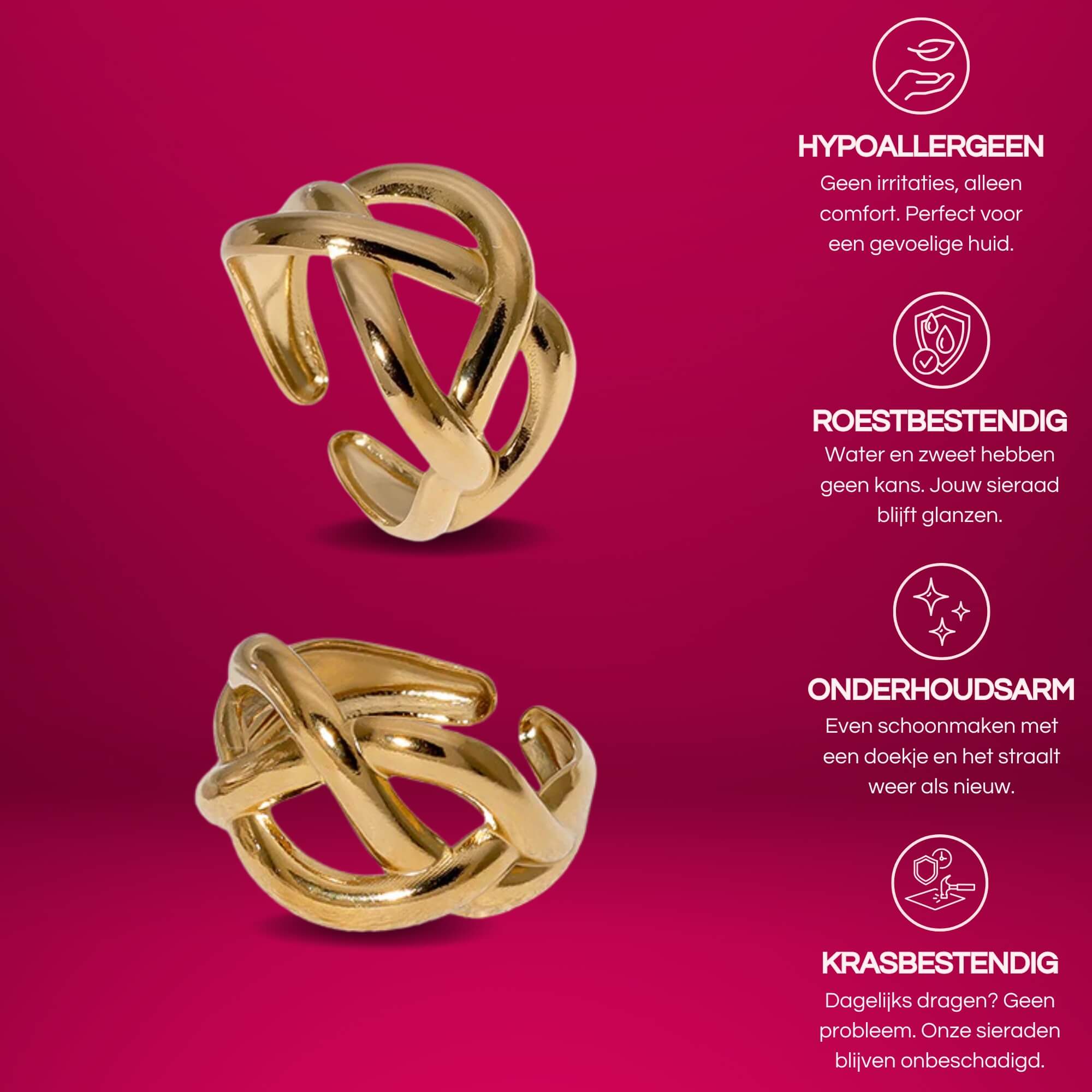 Verstelbare gold plated ring van roestvrij staal, met een tijdloos design voor vrouwen. Elegant, hypoallergeen en waterbestendig.
