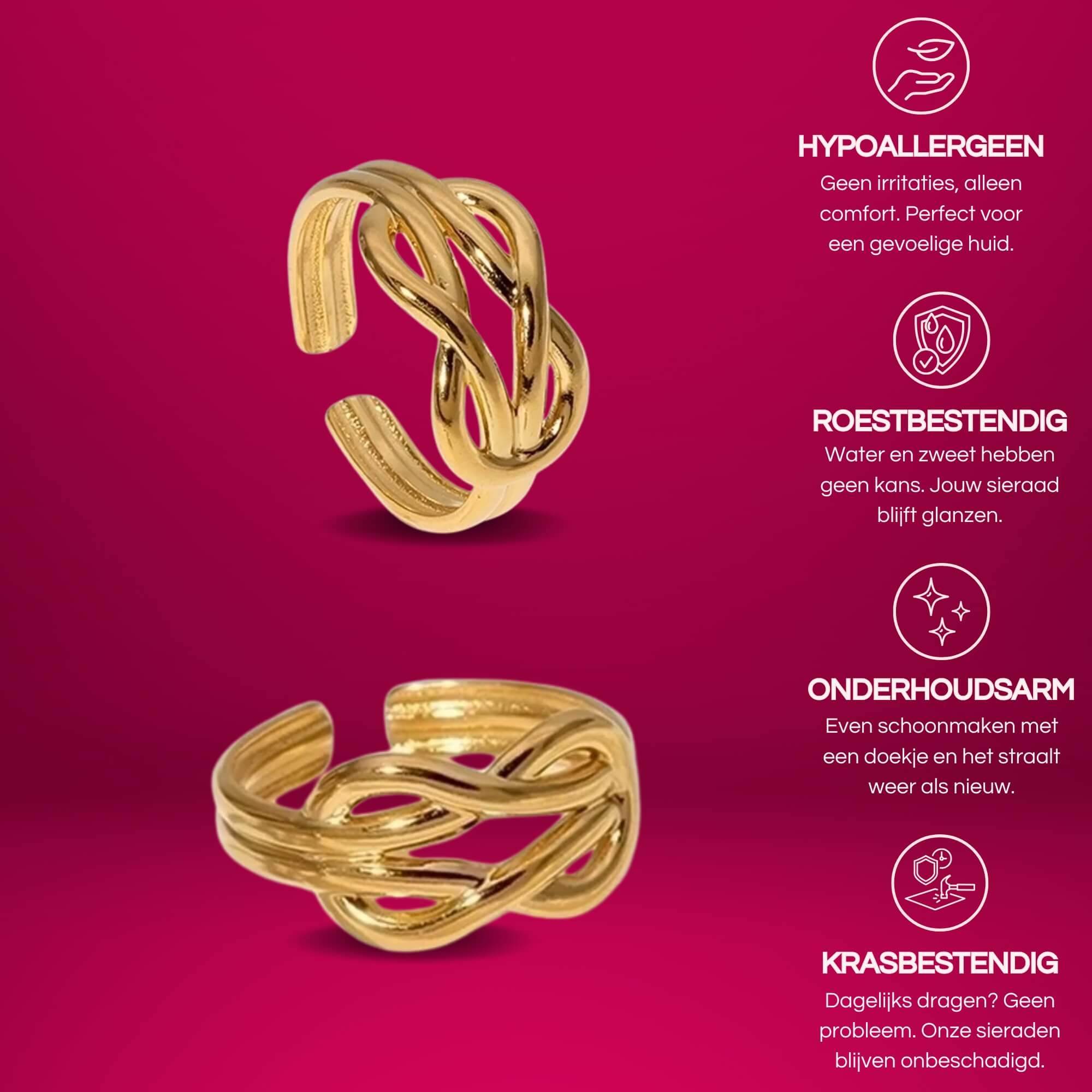 Gouden Knot Your Average Ring: Verstelbare gouden knoop ring voor vrouwen. De ring is 18K gold plated en gemaakt van roestvrij staal.