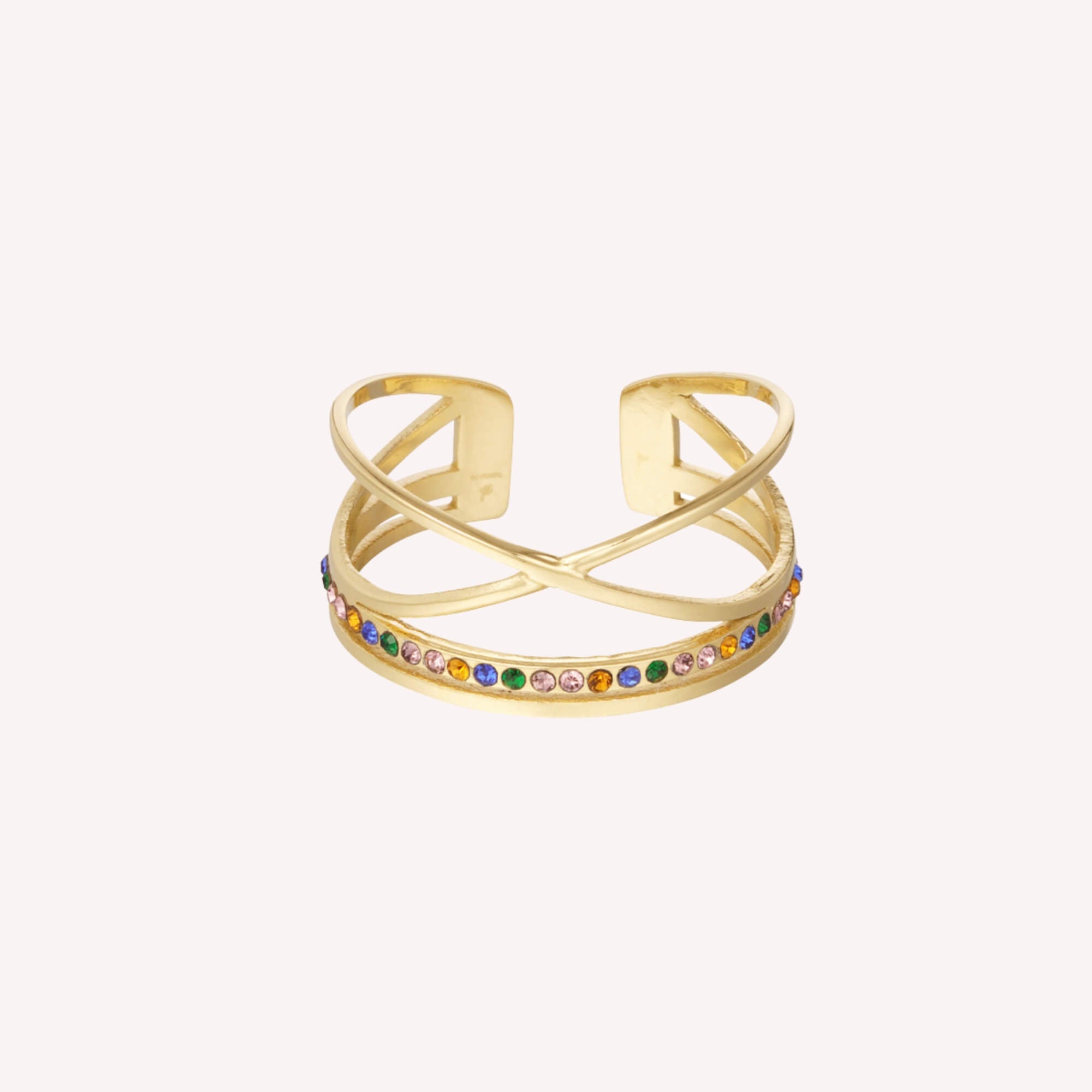 Productfoto van Kruis Ring met Steentjes - Goud met multicolor steentjes