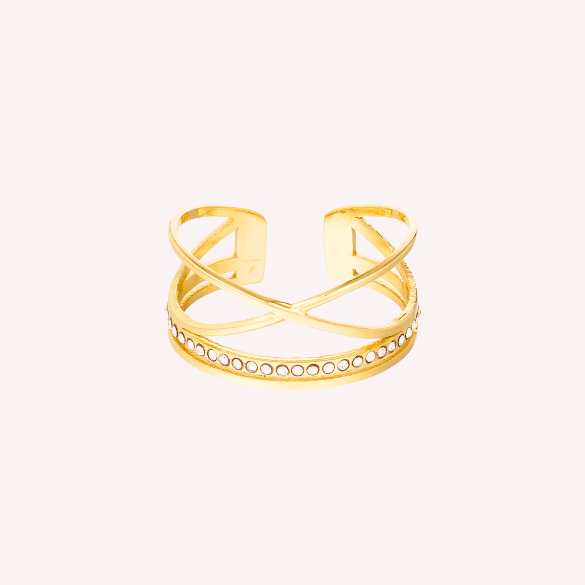 Productfoto van Kruis Ring met Steentjes - Goud met witte steentjes, vooraanzicht