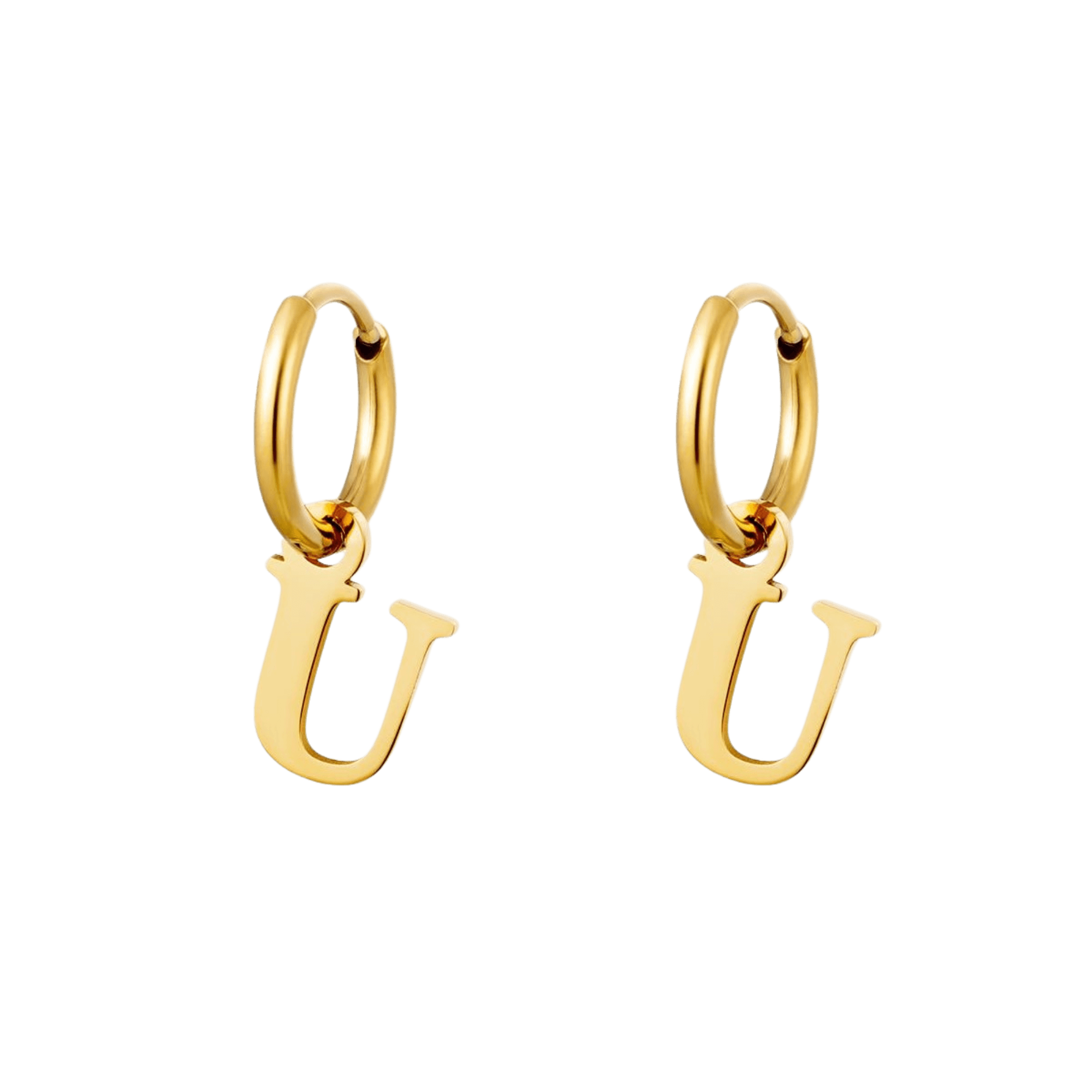 Initial Love Oorbel goud met letter U, maakt jouw naam tastbaar – gouden letter oorbellen met de letter U.