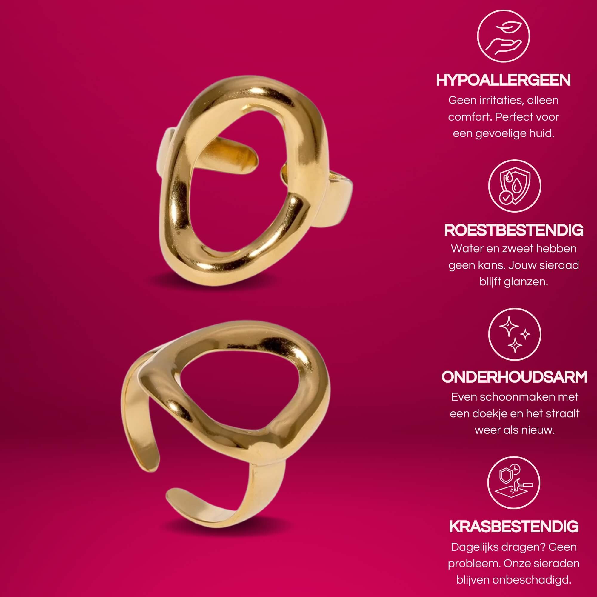 Gold plated verstelbare ovale ring, gemaakt van roestvrij staal. Een stijlvolle statement ring voor vrouwen.