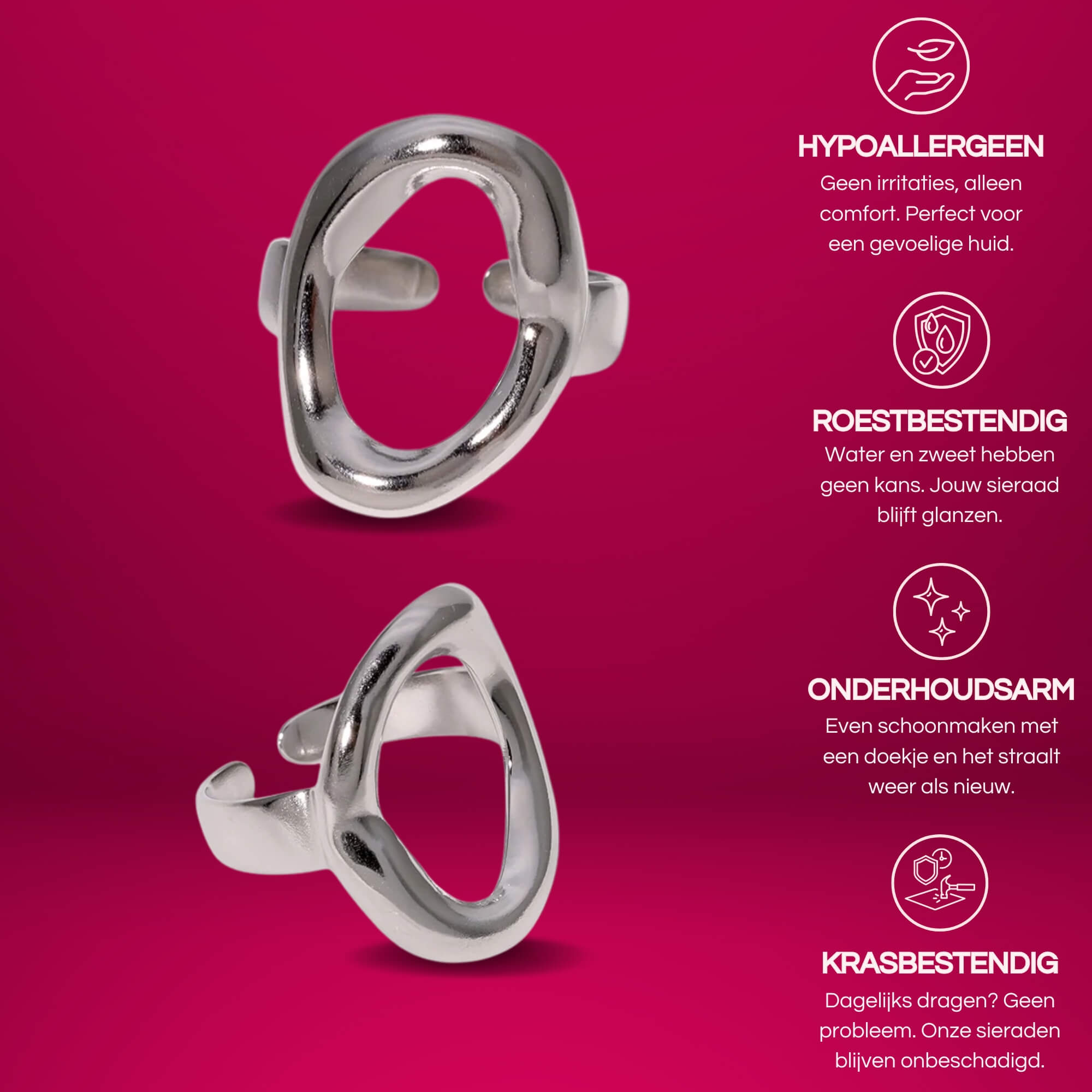 Zilveren ovale ring met open design, verstelbaar en hypoallergeen. Perfect voor elke look.