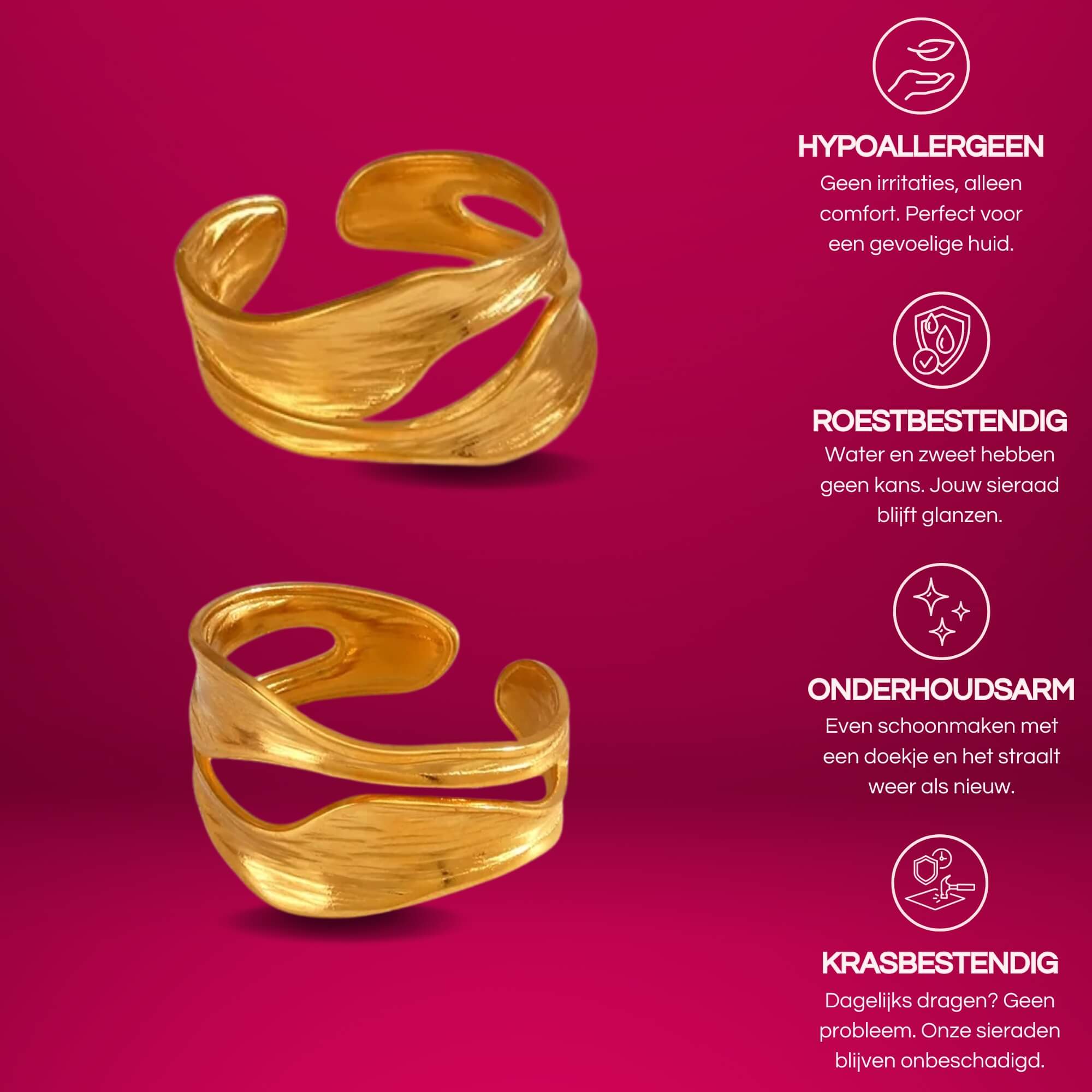 Gouden Perfectly Imperfect Ring – 18K Gold plated verstelbare ring van roestvrij staal met asymmetrisch design (maat 17/18).