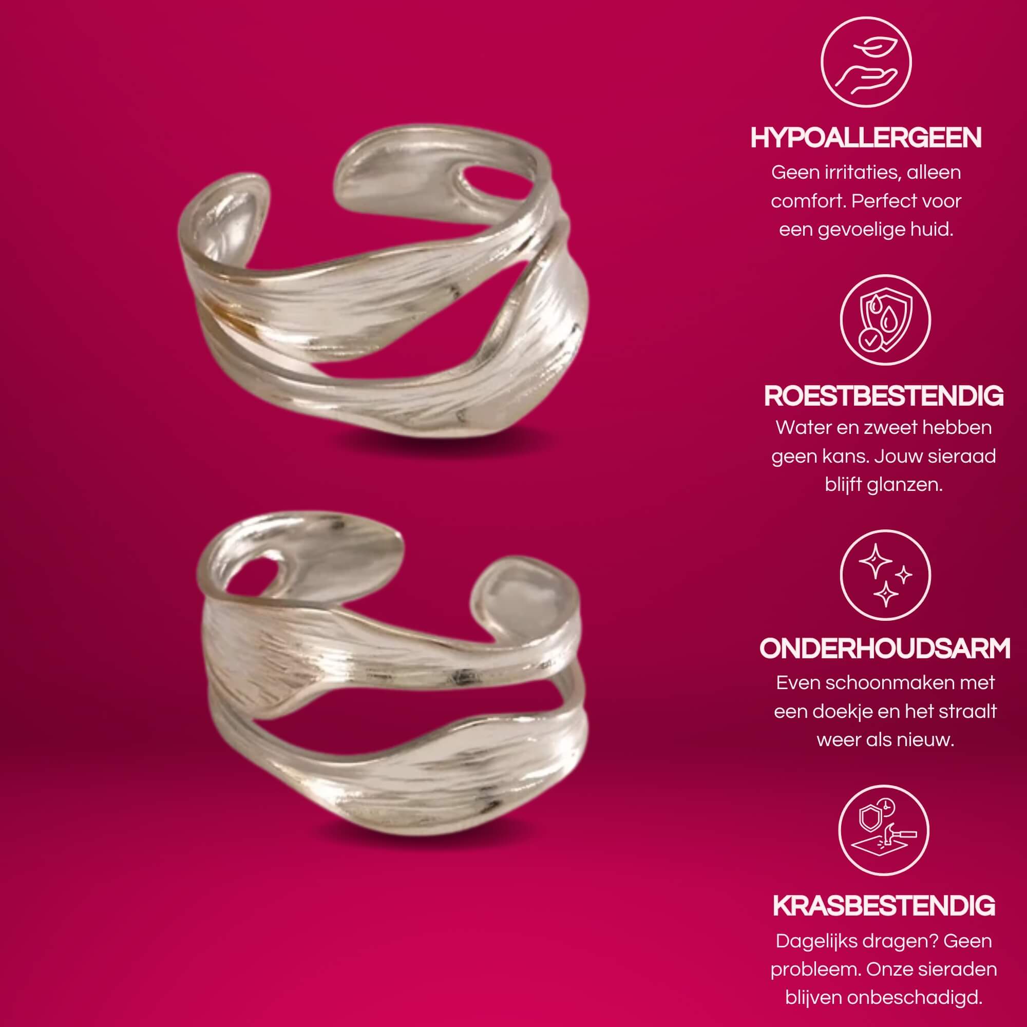 Zilveren Perfectly Imperfect Ring – Zilveren roestvrij stalen ring, licht verstelbaar (maat 17/18), met uniek asymmetrisch ontwerp.