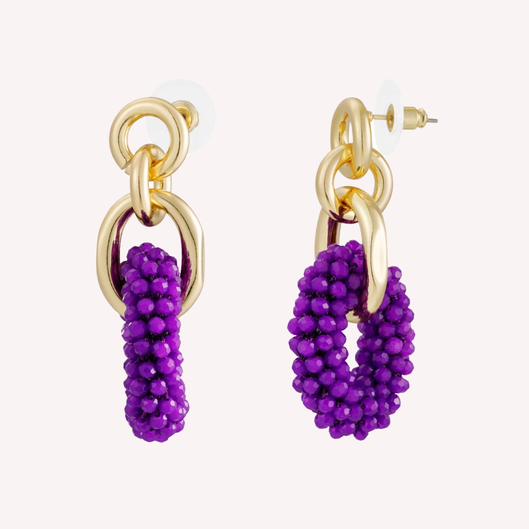 Gold plated oorbellen met paarse kralen - Golden Bond Beads