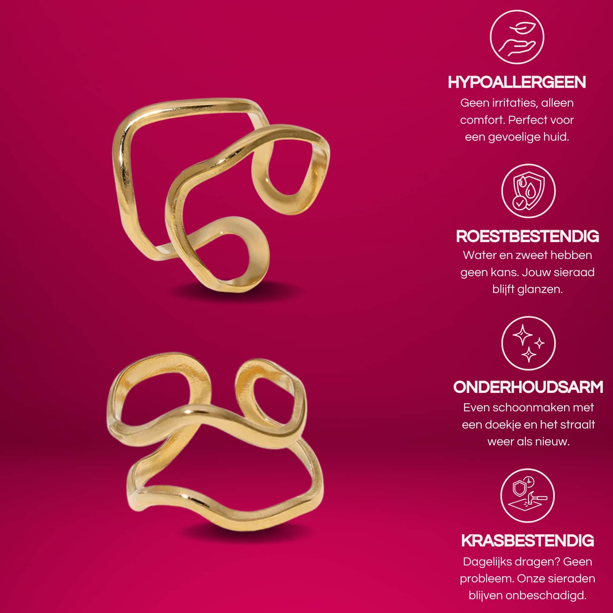 De Serene Waves Ring is makkelijk verstelbaar en 18k gold plated. De ring is gemaakt van roestvrij staal en dus hypoallergeen.
