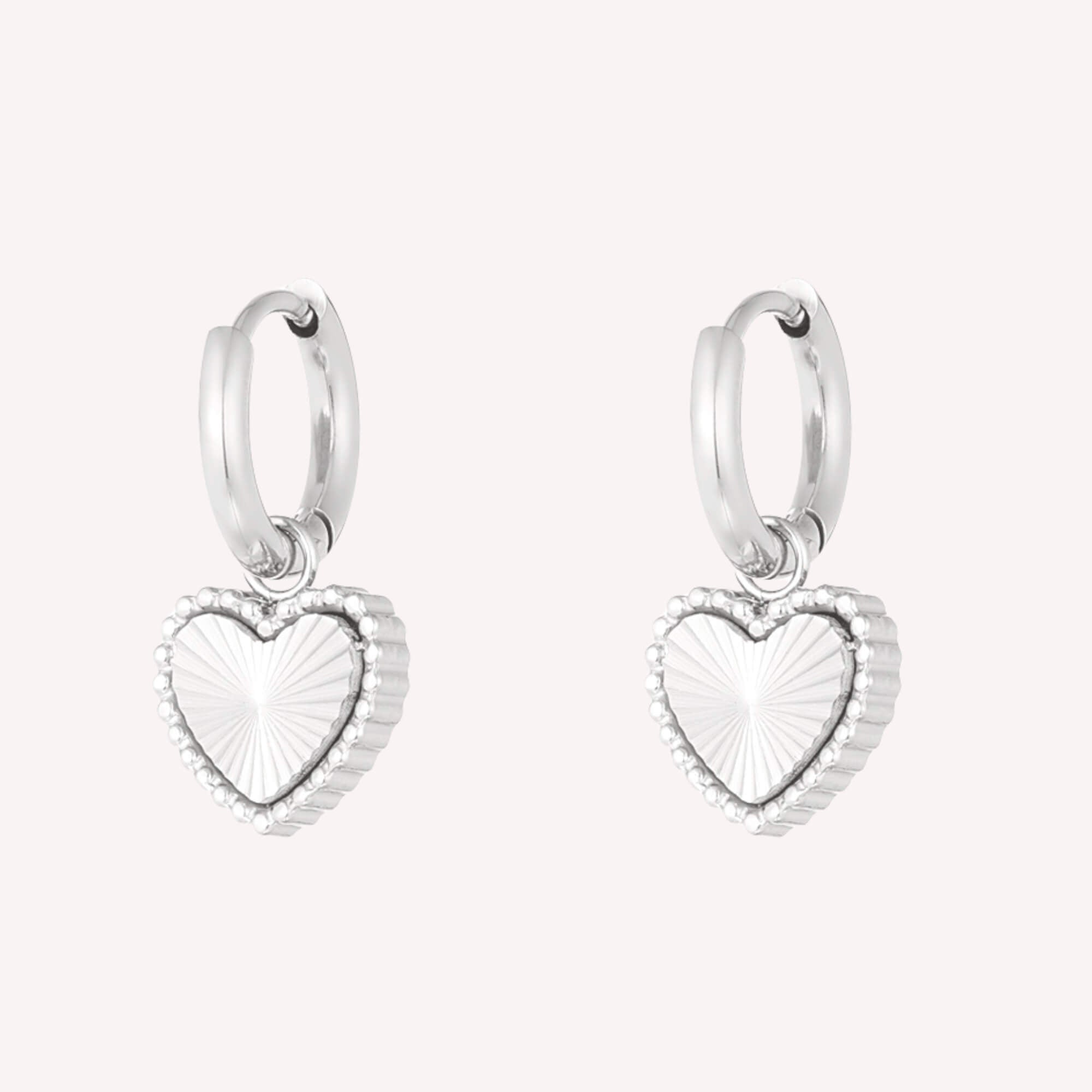 Dit zijn de Shine From Within Oorbellen in het zilver. Zilverkleurige hart oorbellen met fijne streepjesstructuur, hypoallergeen en krasvrij.