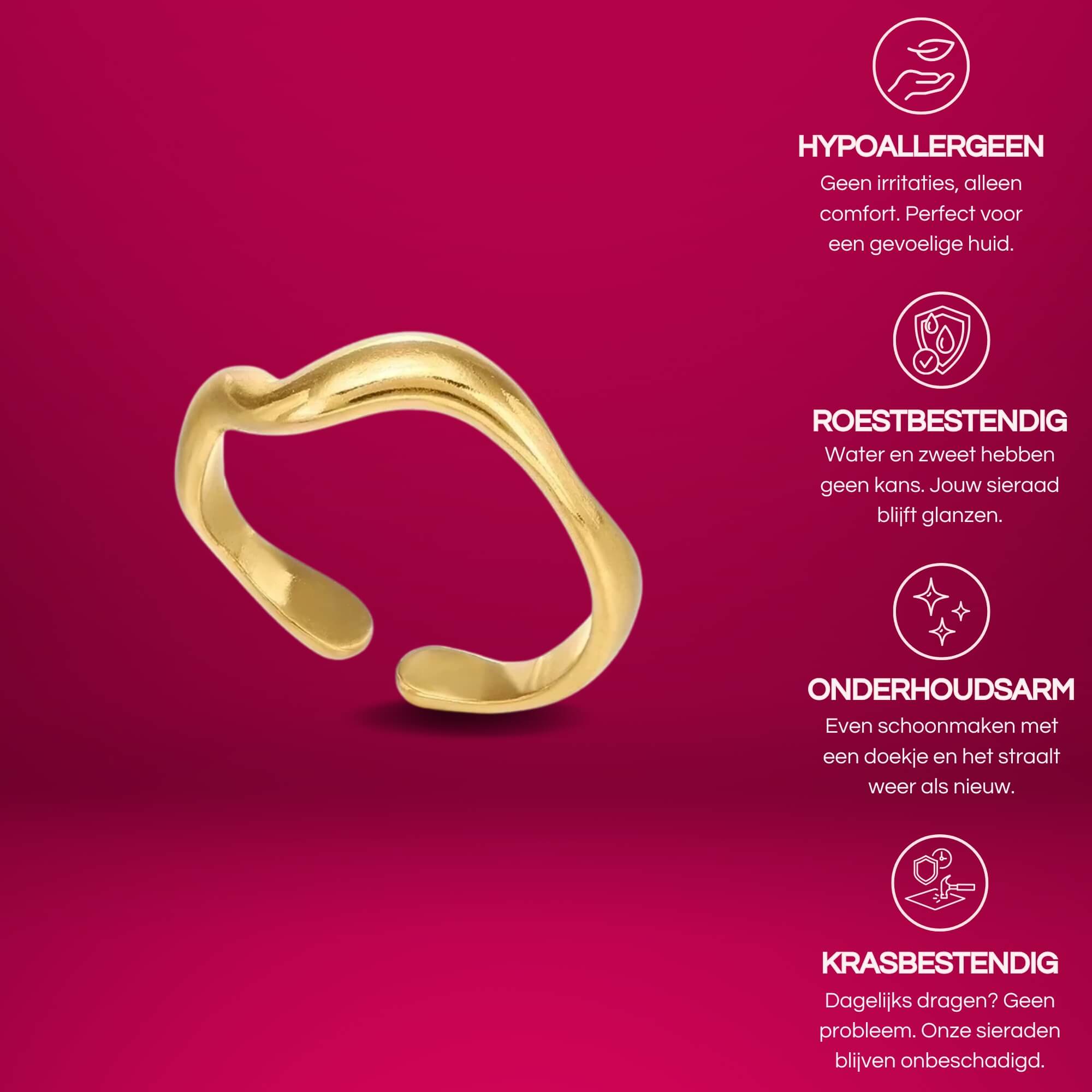 De gouden Simply Stunning Ring is een 18K gold plated ring voor dames. De ring is gemaakt van roestvrij staal en dus hypoallergeen.