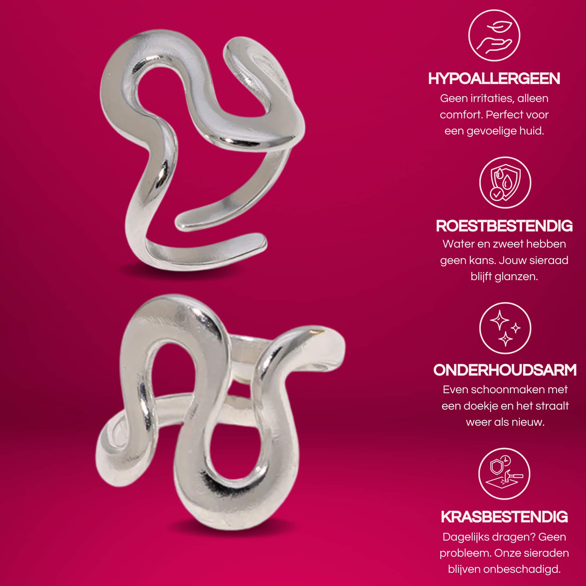 Dit is de zilveren The Bold Swirl Ring. Deze ring is verstelbaar, hypoallergeen en gemaakt van roestvrij staal.