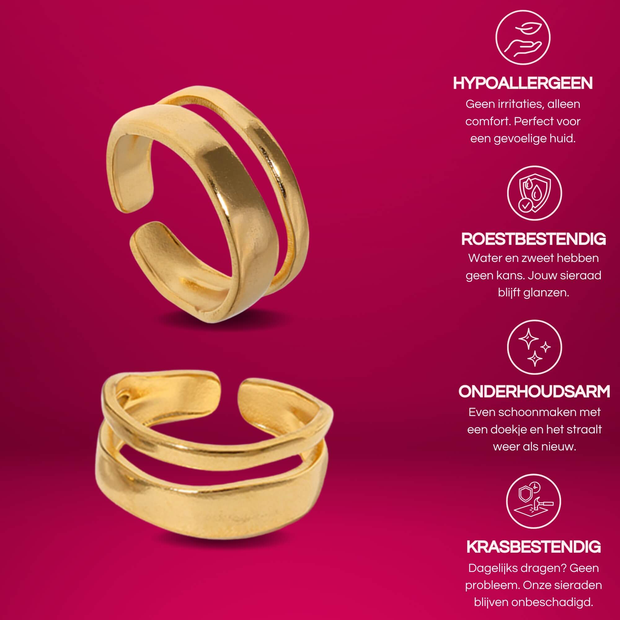 Through Thick and Thin Ring in goud – verstelbare 18K gold plated ring met brede en smalle band, symbolisch en stijlvol.