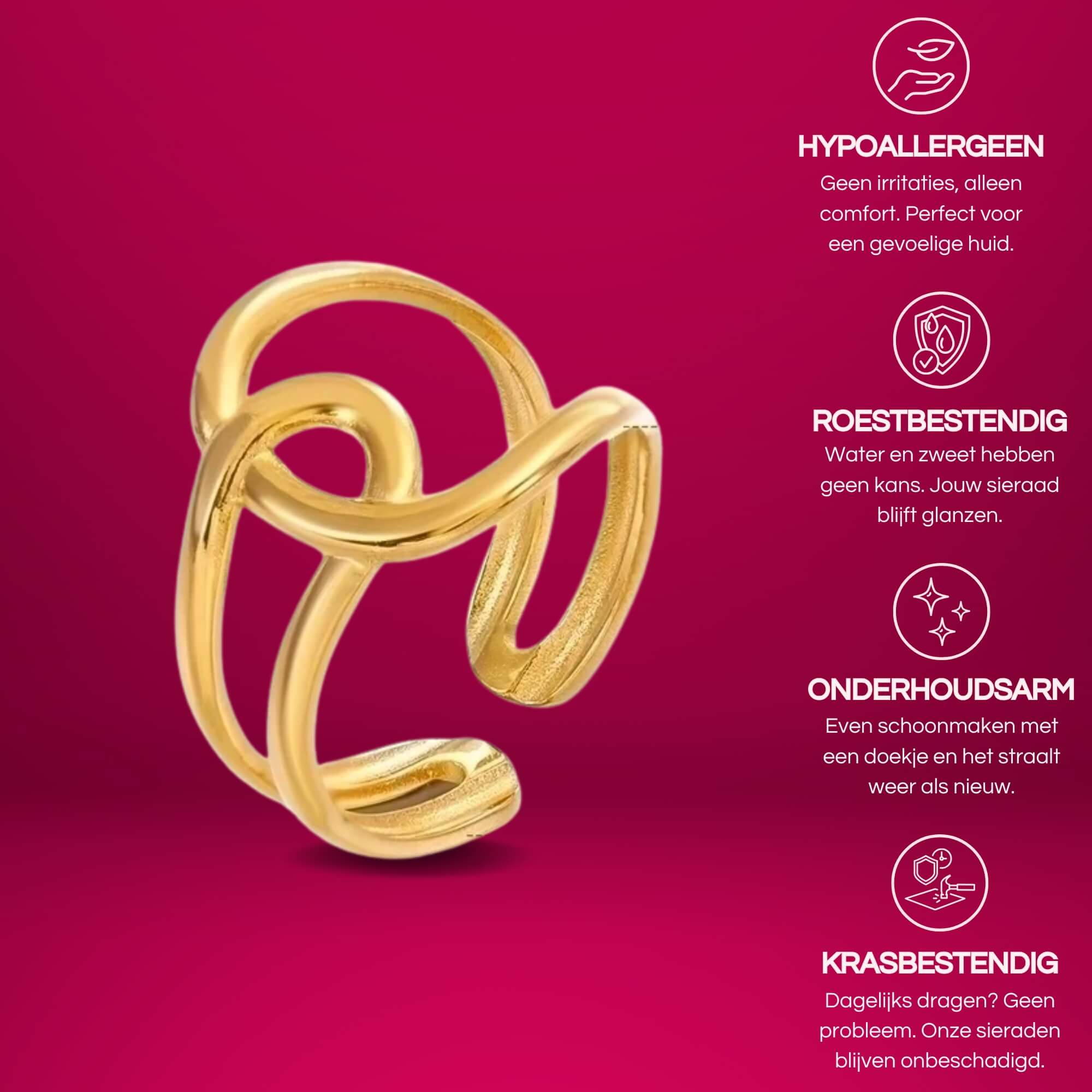 Tied to You Ring in goud – verstelbare 18K gold plated ring met vloeiend design, gemaakt van roestvrij staal. Elegant en tijdloos.