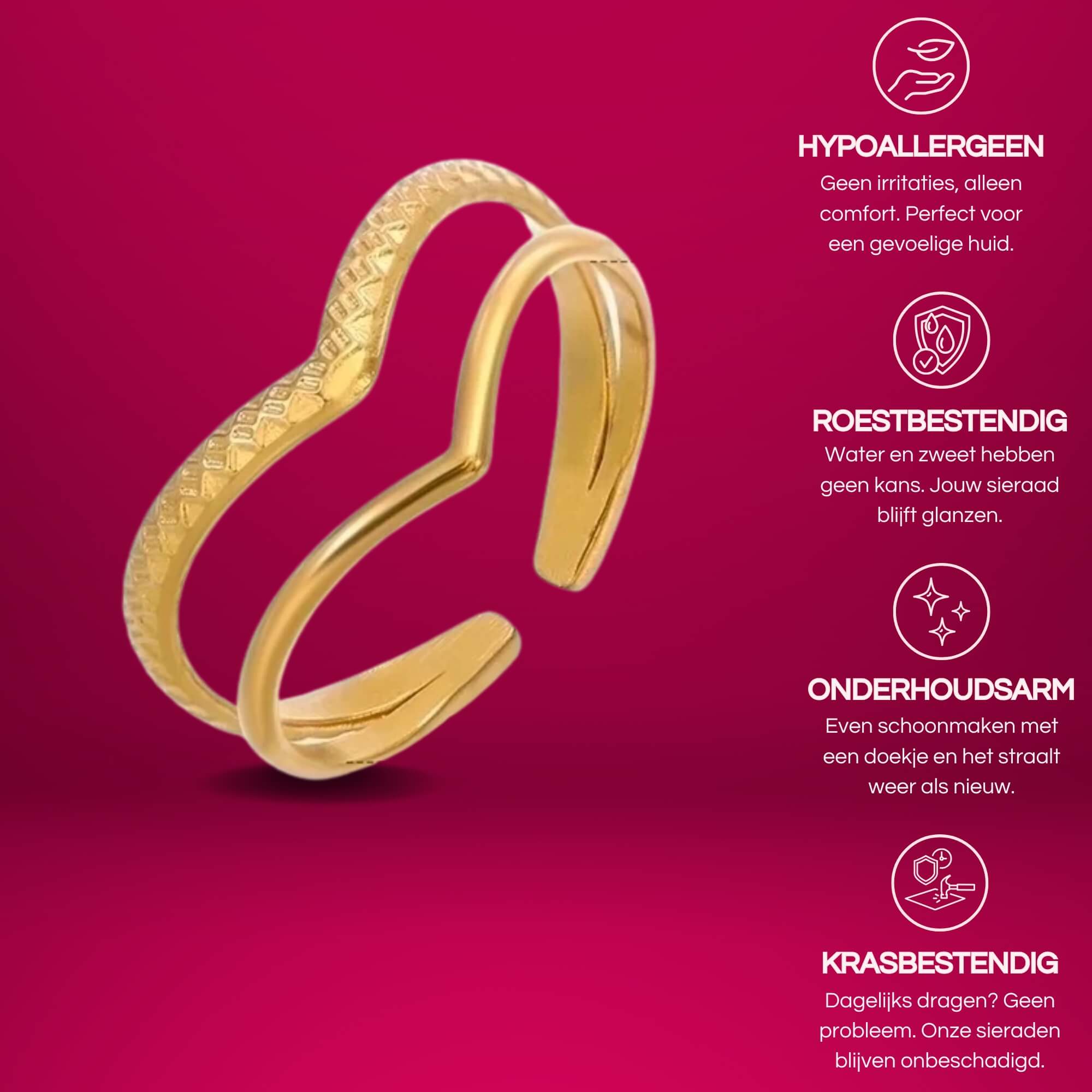 De Twice as Nice Ring is een dubbel ring die makkelijk verstelbaar is. Dit is de gouden variant deze is 18k gold plated.