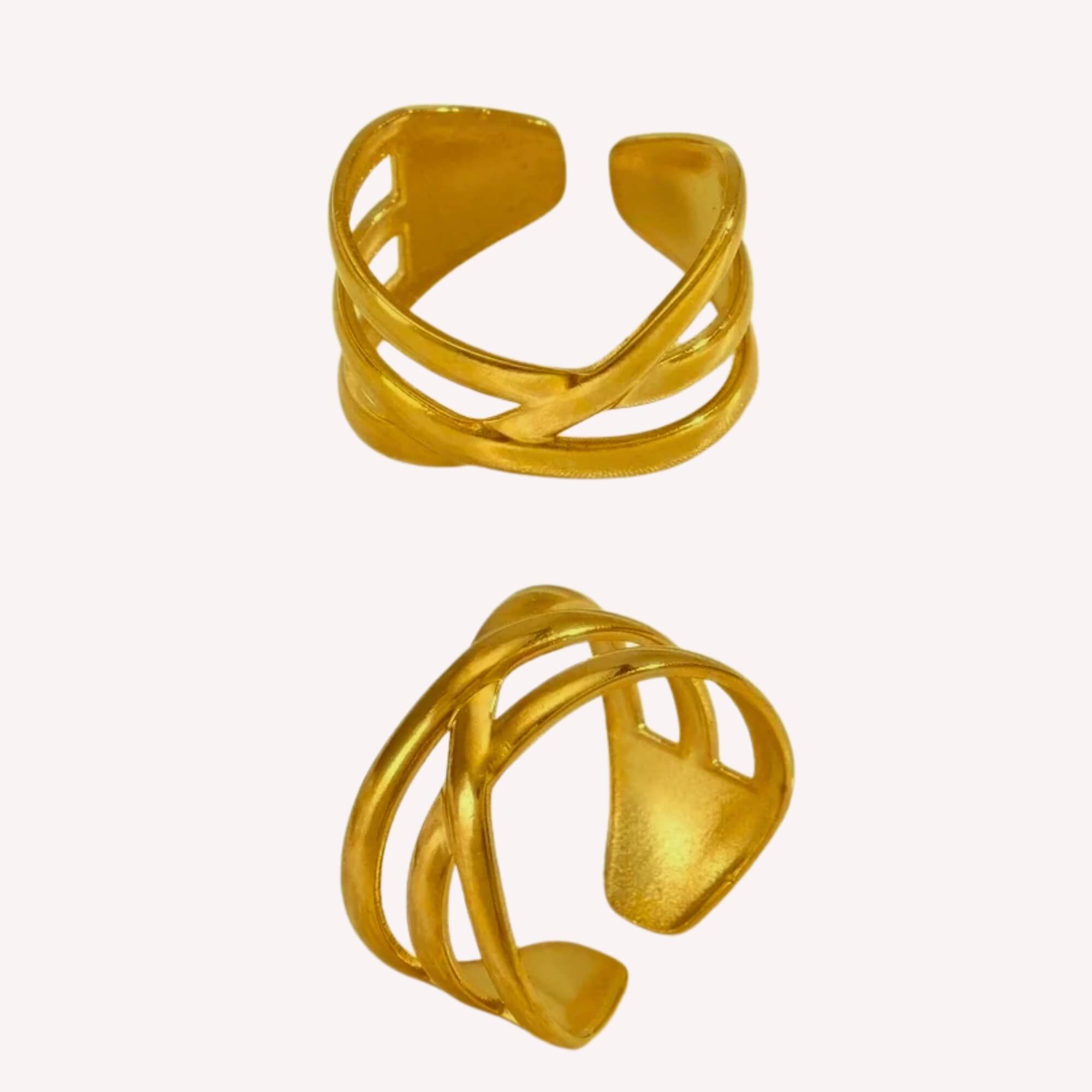 Gouden Crossed Paths een gouden statement ring voor vrouwen gemaakt van rvs.