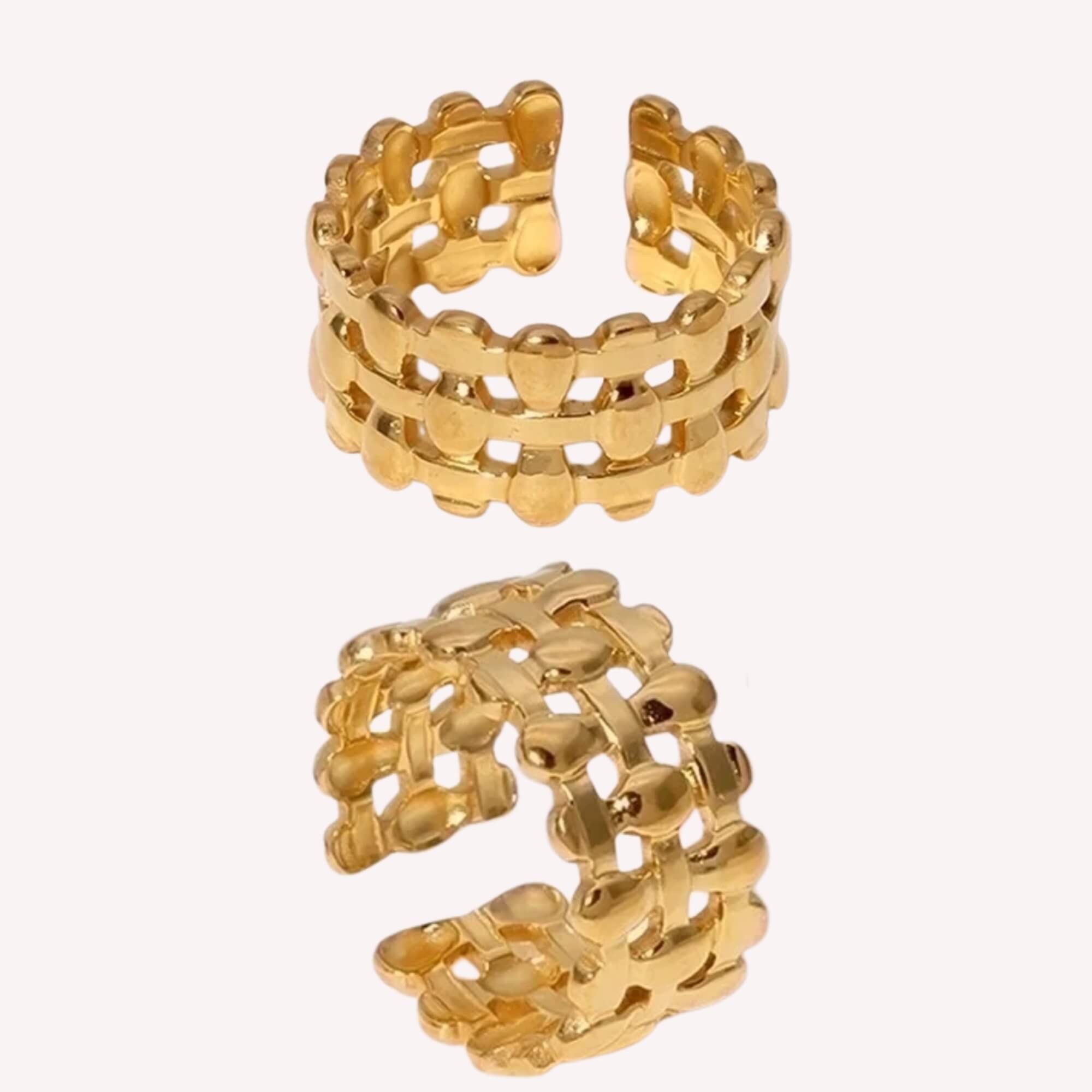 Gouden Dripping Gold Ring  – Verstelbare statement ring met een uniek druppelmotief. 18K gold plated en roestvrij staal.