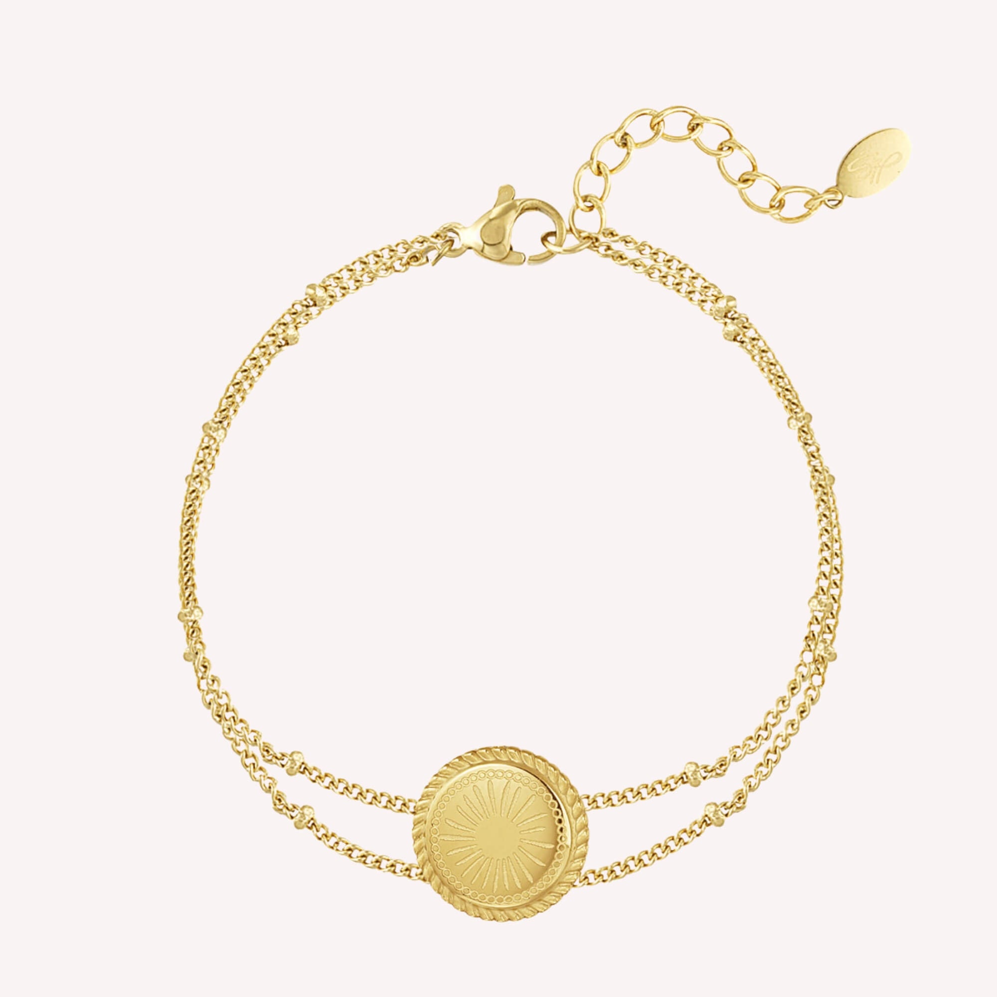 Gouden dubbele armband met ronde bedel, gemaakt van roestvrij staal. Verstelbaar en elegant, perfect voor elke vrouw.