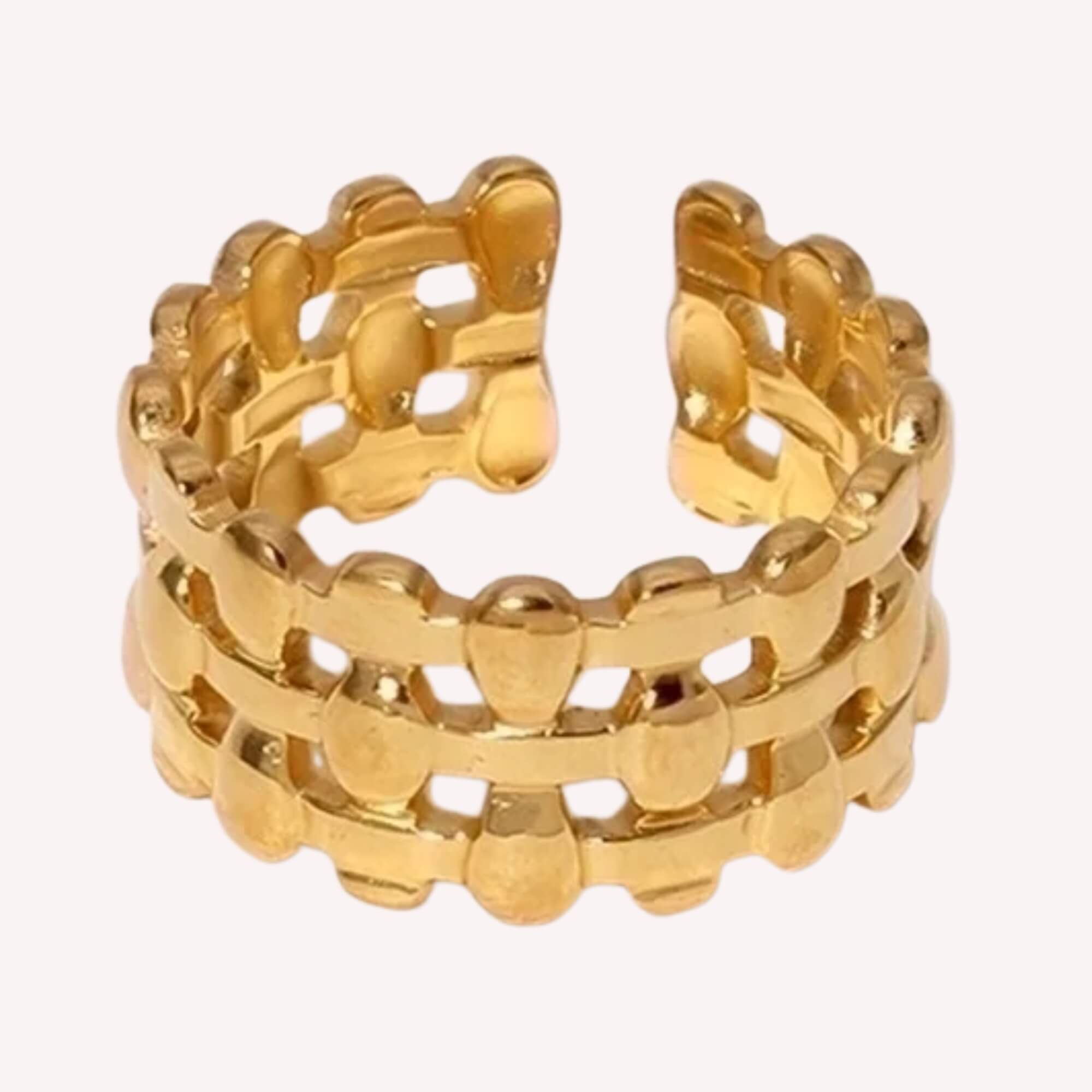Gouden Dripping Gold Ring  – Verstelbare statement ring met een uniek druppelmotief. 18K gold plated en roestvrij staal.