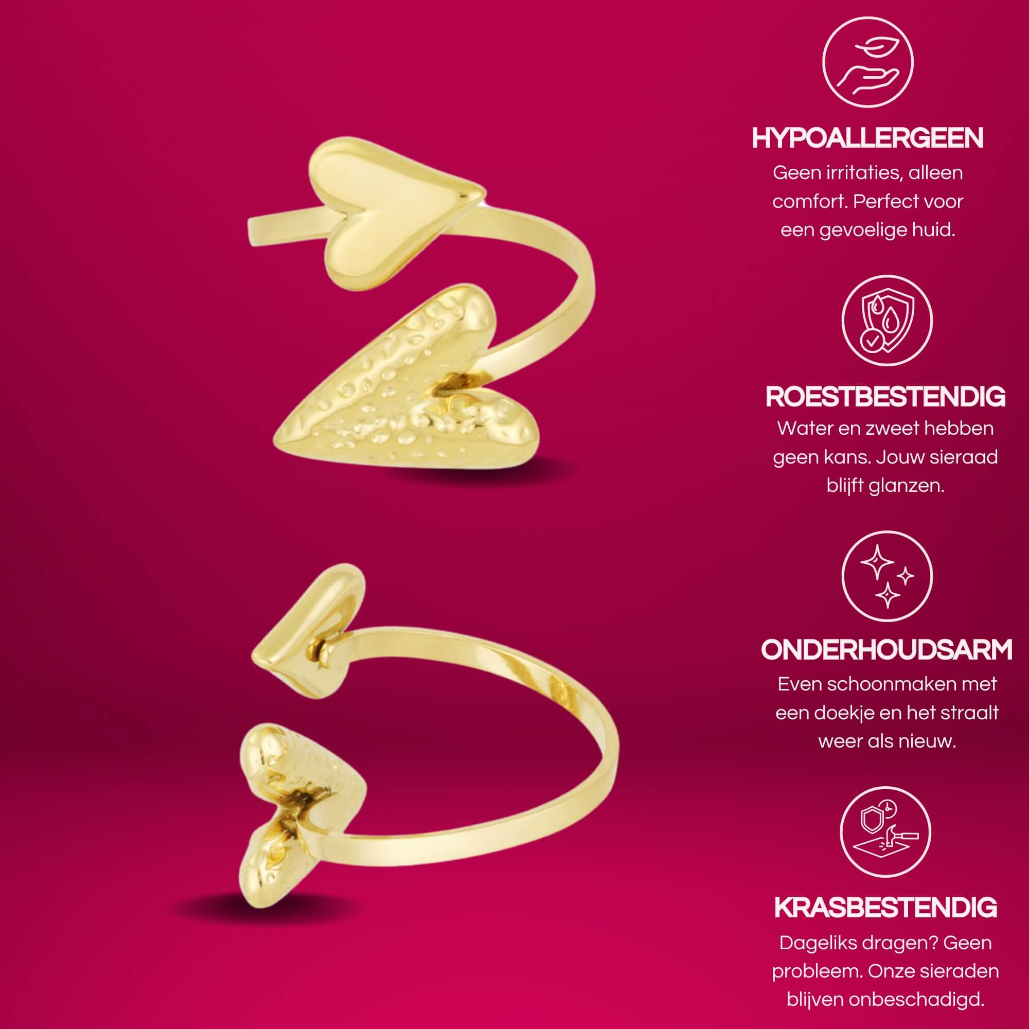 De Heart to Heart Ring is een verstelbare gouden hartjes ring met glad en bubbly structuur, gemaakt van RVS.