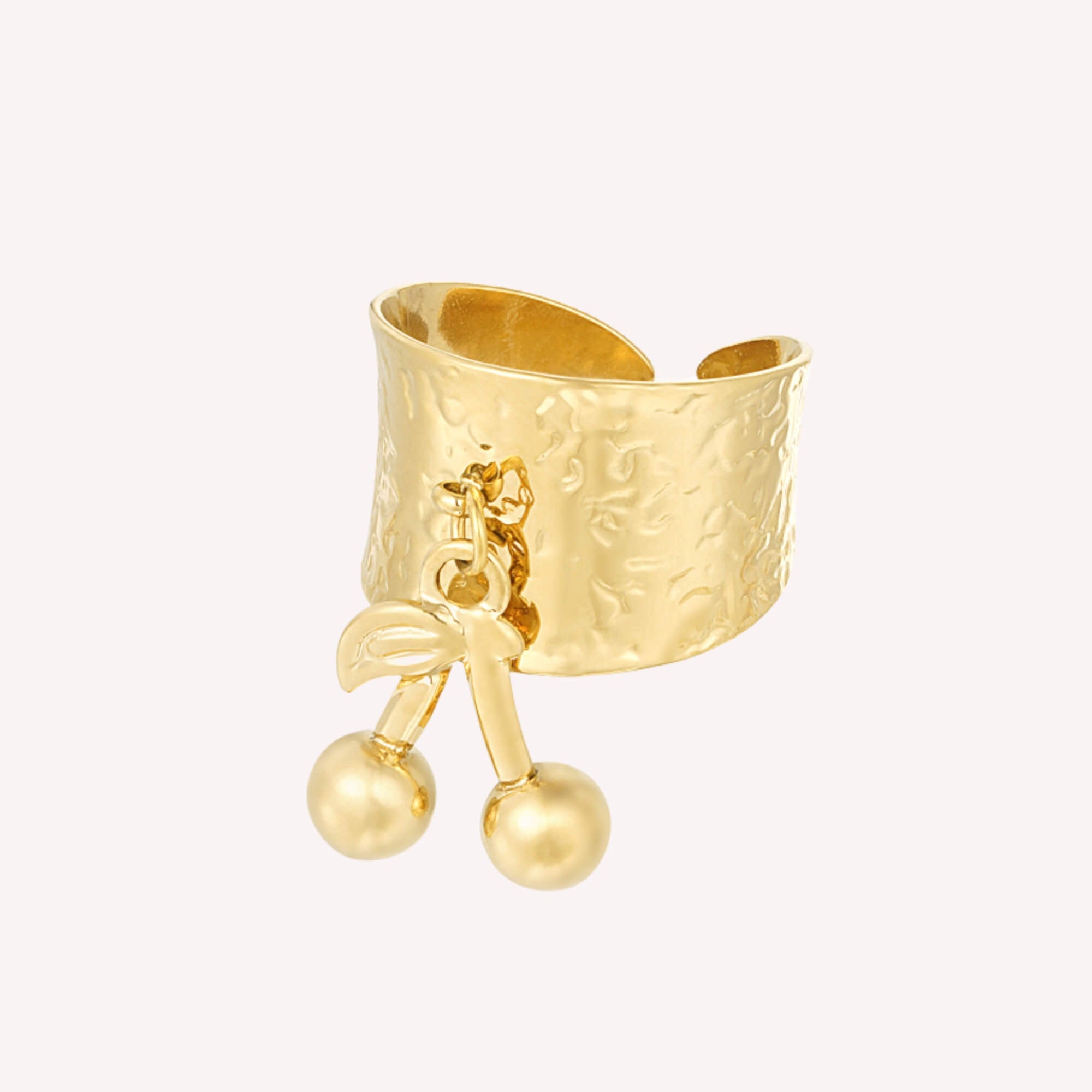 De Ring My Cherry is een gouden ring met kersenhanger, roestvrij staal, statement ring voor vrouwen.