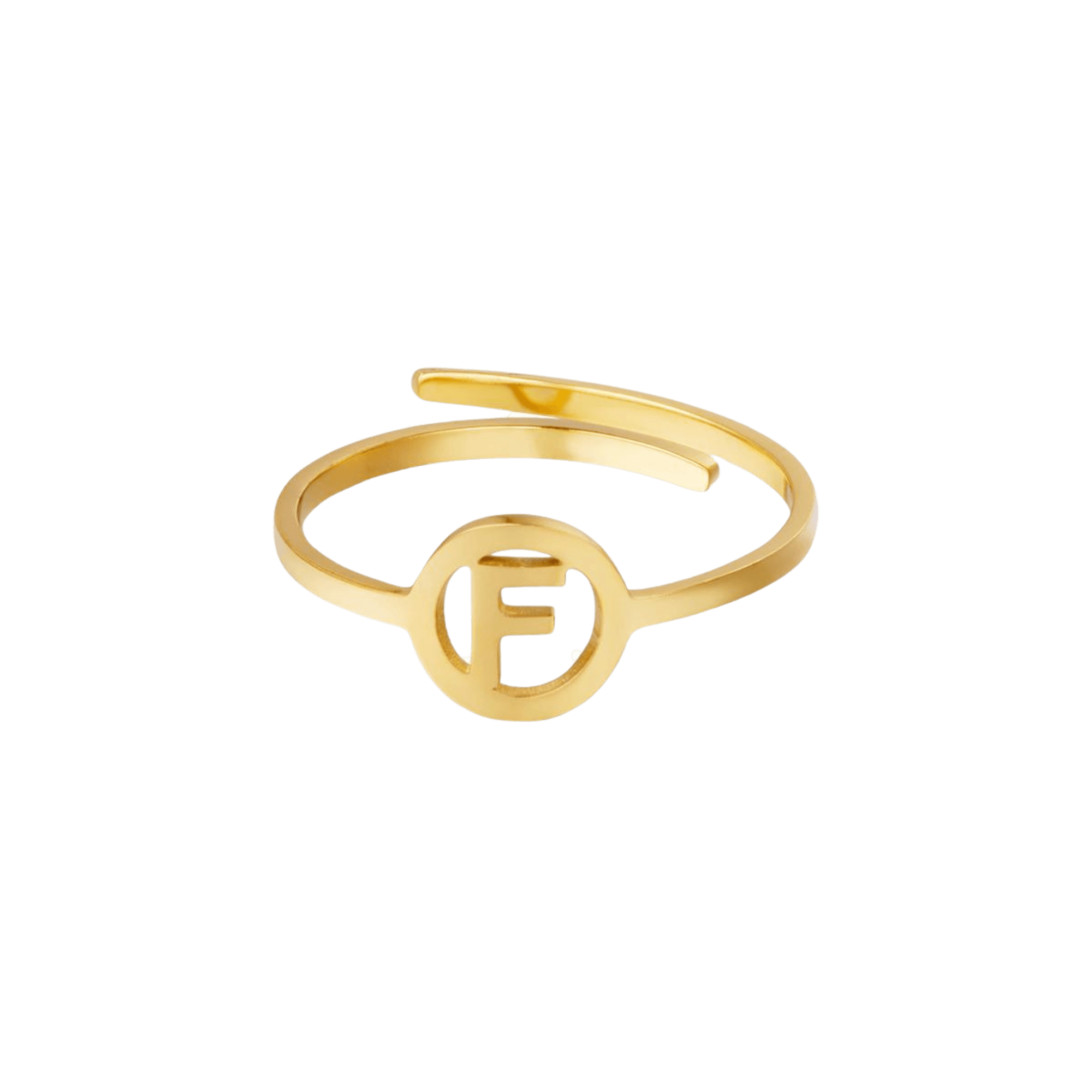 Gouden verstelbare ring met letter F.