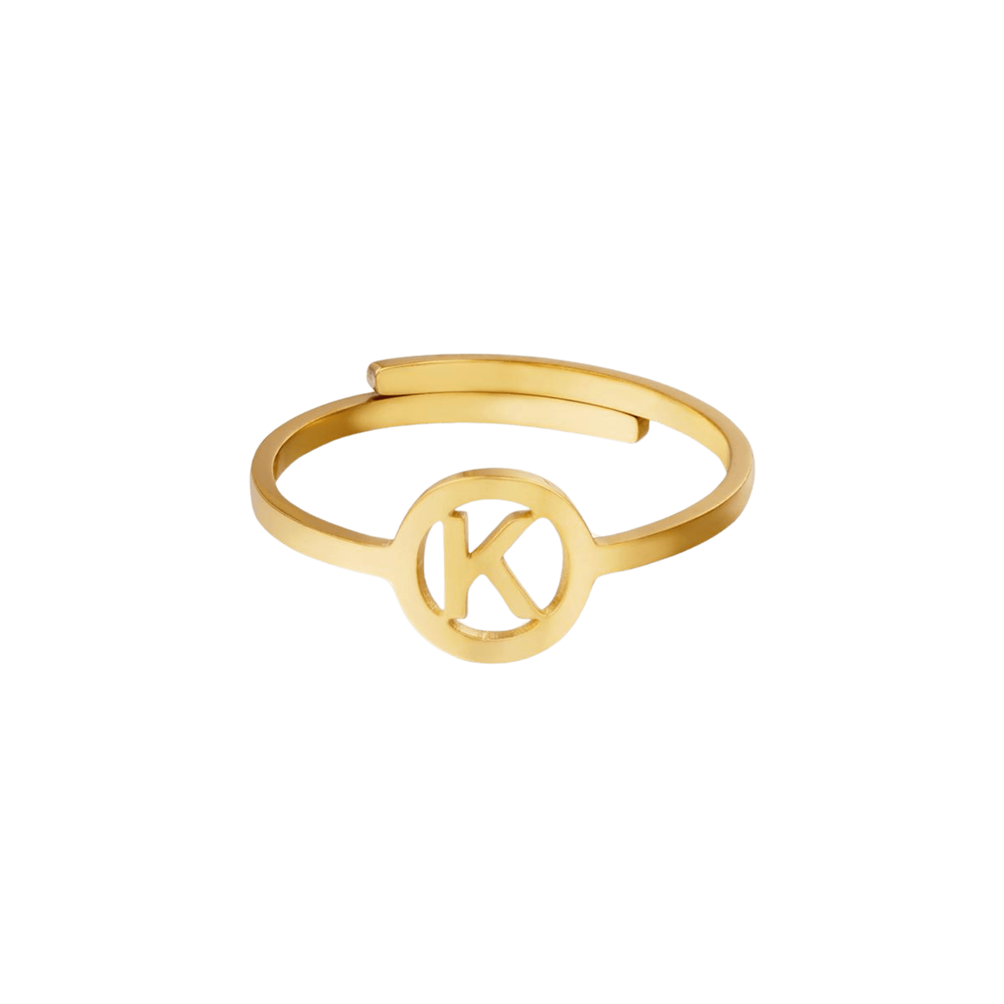 Gouden verstelbare ring met letter K.